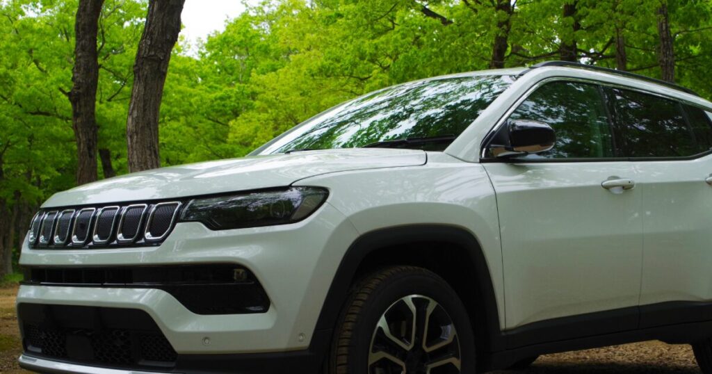 緑の森に停車した白いSUV
