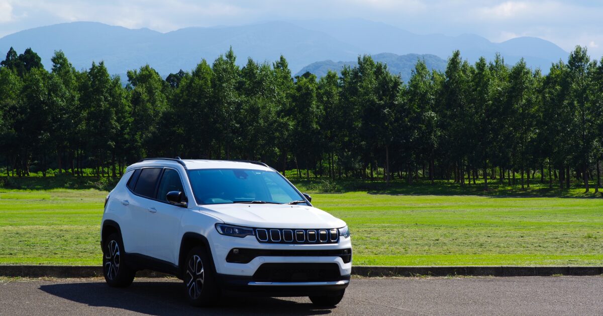山と木々を背景に停車する白いSUV