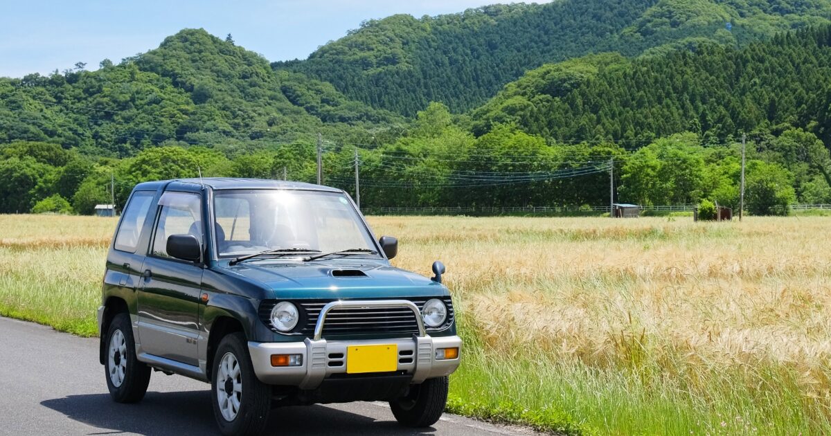田園風景と山を背景に停車する小型SUV
