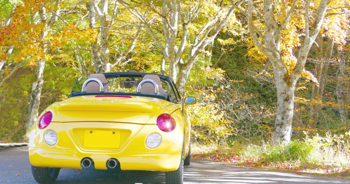 紅葉の中に停車した黄色いオープンカー